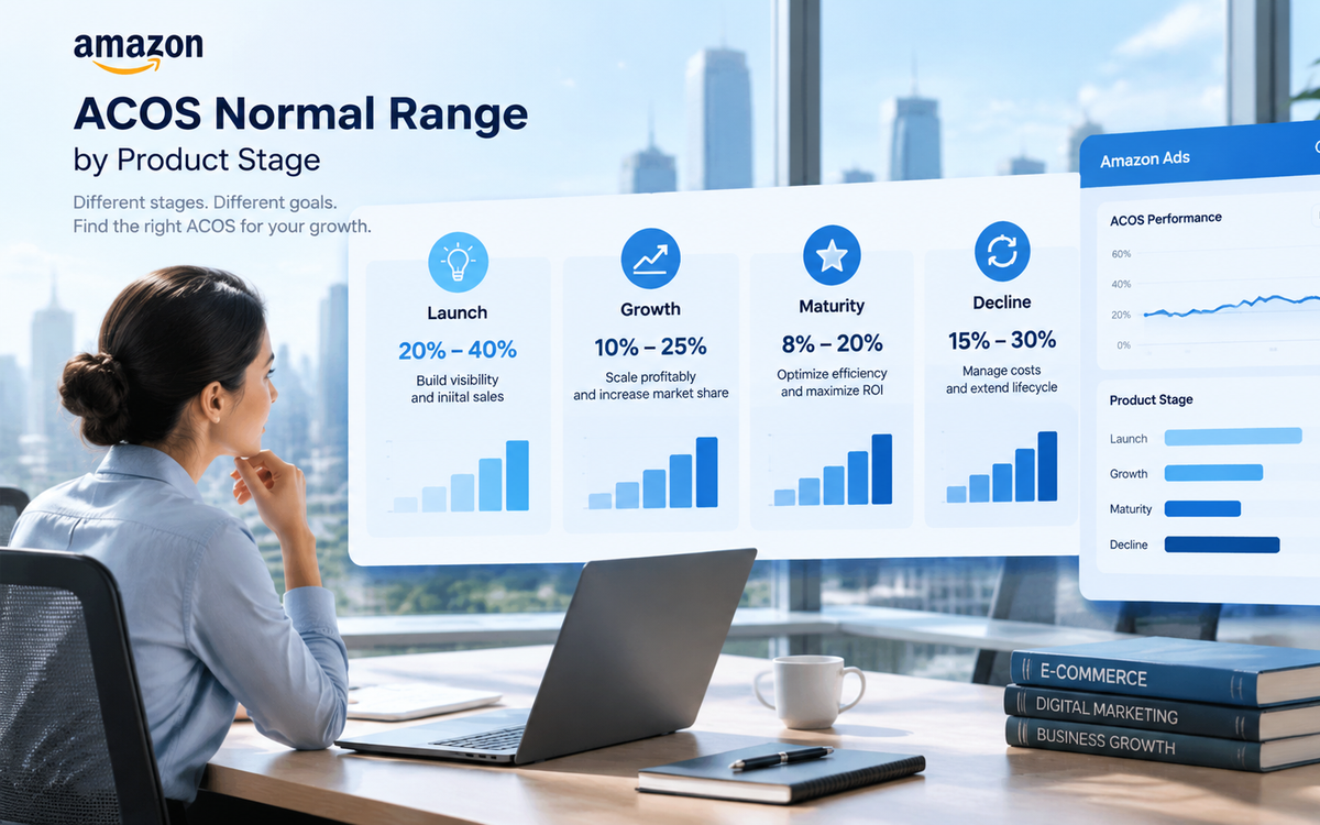 Amazon ACOS normal range by product stage infographic